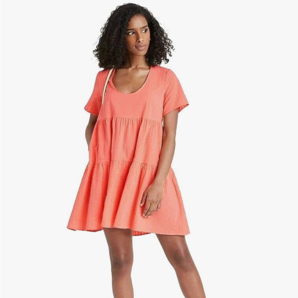 a. new day Women's Flutter Short Sleeve Textured Tiered Dress - Peach